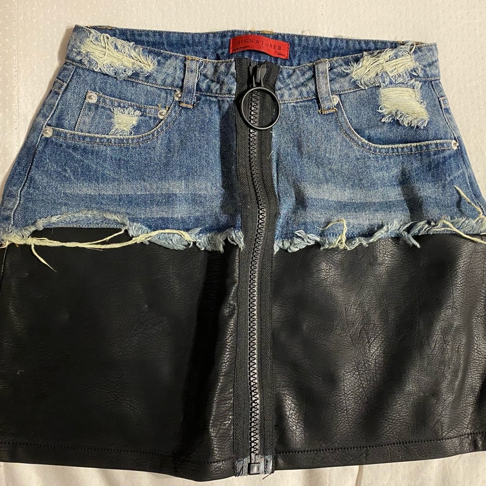 FashionNova Denim and Leather Skirt